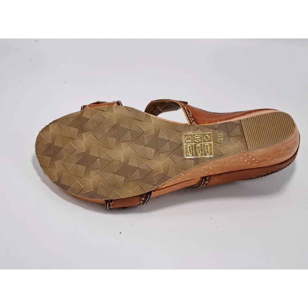 L'Artiste Spring Step Sesame Tan Leather Wedge Sandals Blue Embroidery Womens 36